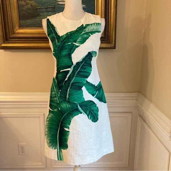 SOLD💕DOLCE & GABANNA White Green Damask Banana Leaf Sleeveless A Line Dress - Picture 2 of 13